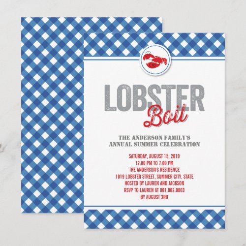 Blue Checks Lobster Boil Annual Summer Party Custom Invitation