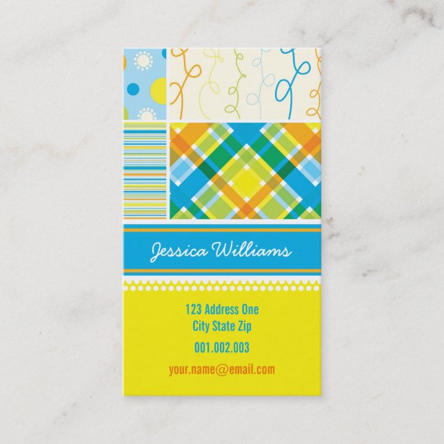 Blue Checks Stripes Dots Scribbles Combo Pattern Business Card (Front)