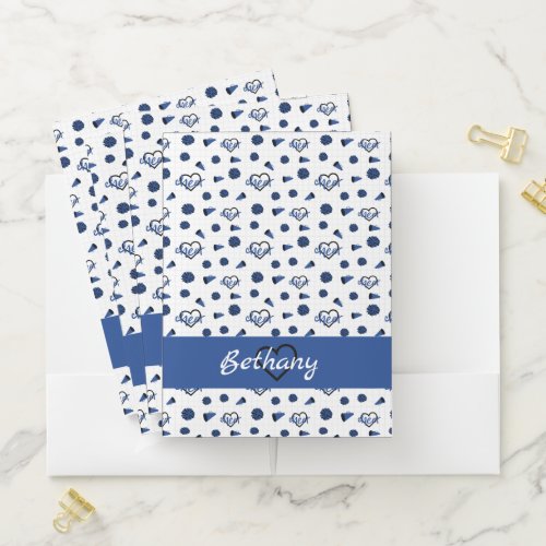 Blue Cheer Hearts Pom Poms Megaphone Pattern Pocket Folder