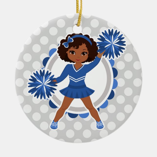 Blue Cheerleader African American  - Cute Cheer Ceramic Ornament (Front)