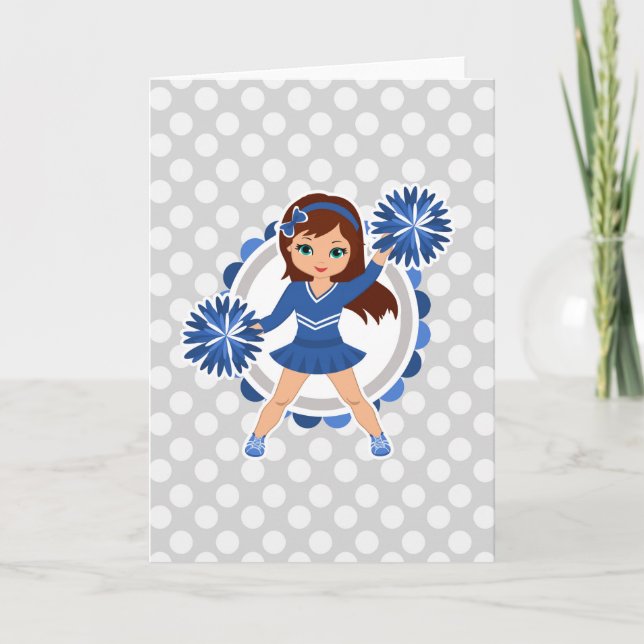 Blue Cheerleader Brunette - Cute Cheer Card (Front)