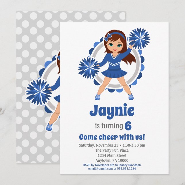Blue Cheerleader - Brunette Girls Cheer Birthday Invitation (Front/Back)