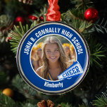 Blue Cheerleader Photo High School Christmas Metal Ornament<br><div class="desc">This cool customized high school cheerleader photo gift features white typography of your team and player name on a blue Christmas ornament with a CHEER megaphone. Personalize with your student's photograph and class year as a proud cheerleading parent. A great gift for a mom or dad.</div>