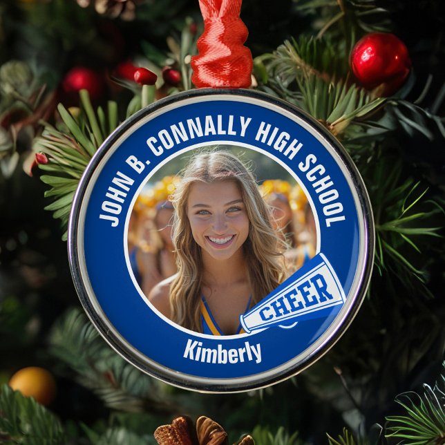 Blue Cheerleader Photo High School Christmas Metal Ornament (Creator Uploaded)