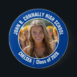 Blue Cheerleader Photo High School Spirit Button<br><div class="desc">This cool customized high school cheerleader photo gift features white typography of your team and player name on a blue button. Personalize with your student's photograph and class year as a proud cheerleading parent. A mom and dad can wear these buttons to competition and games.</div>