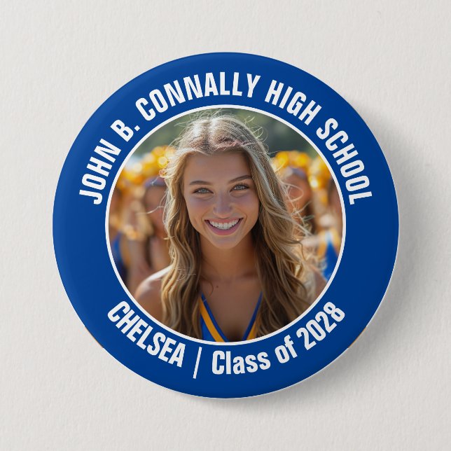 Blue Cheerleader Photo High School Spirit Button (Front)
