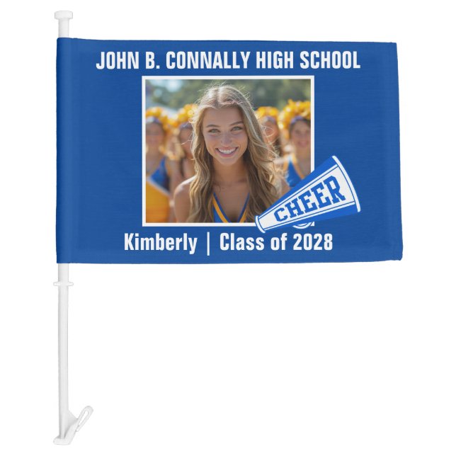 Blue Cheerleader Photo High School Spirit Car Flag (Front)