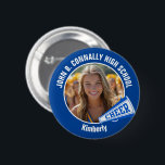Blue Cheerleader Photo High School Spirit Cheer Button<br><div class="desc">This cool customized high school cheerleader photo gift features white typography of your team and player name on a blue button with a CHEER megaphone. Personalize with your student's photograph and class year as a proud cheerleading parent. A mom and dad can wear these buttons to competition and games.</div>