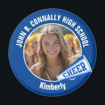Blue Cheerleader Photo High School Spirit Cheer Magnet<br><div class="desc">This cool customized high school cheerleader photo gift features white typography of your team and player name on a blue magnet with a cheer megaphone. Personalize with your student's photograph and class year as a proud cheerleading parent. A great gift for a mom or dad.</div>