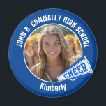 Blue Cheerleader Photo High School Spirit Cheer Magnet<br><div class="desc">This cool customized high school cheerleader photo gift features white typography of your team and player name on a blue magnet with a cheer megaphone. Personalize with your student's photograph and class year as a proud cheerleading parent. A great gift for a mom or dad.</div>
