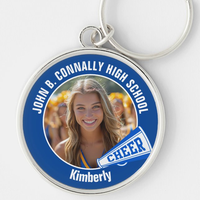 Blue Cheerleader Photo High School Spirit Keychain (Front)