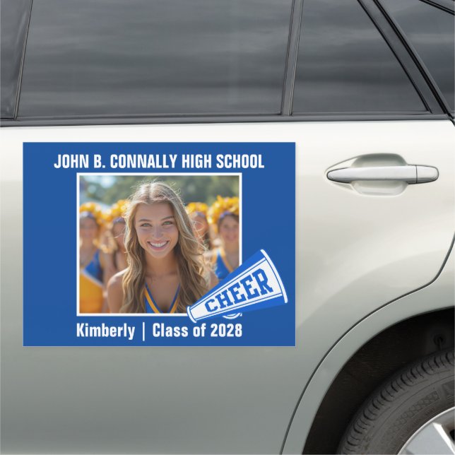 Blue Cheerleader Photo High School Spirit Large Car Magnet (In Situ)