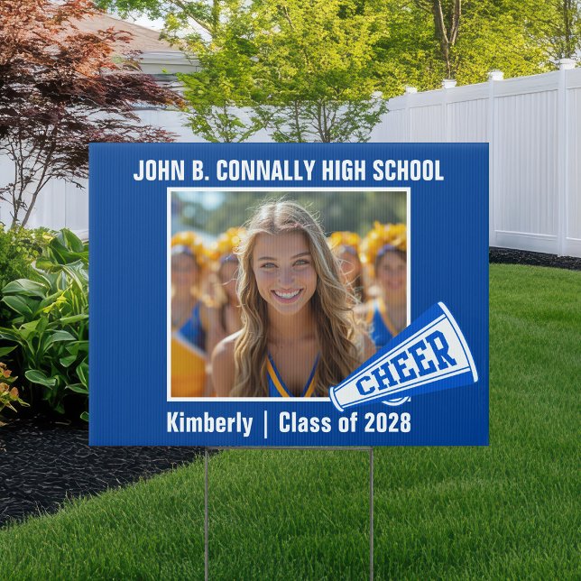 Blue Cheerleader Photo High School Spirit Yard Sign (Creator Uploaded)