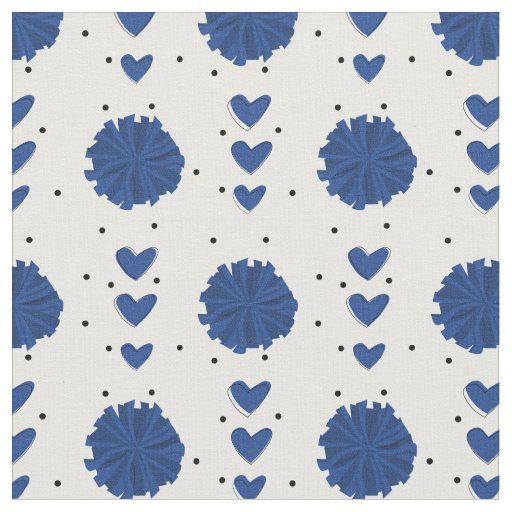 Blue Cheerleader Pom Poms & Hearts Pattern Fabric