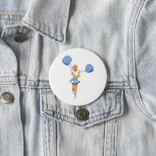 Blue Cheerleader with Pom Poms Cheer Squad Button