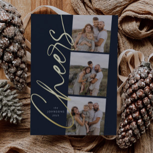 Blue Cheers Simple Modern Elegant Script Christmas Foil Holiday Card