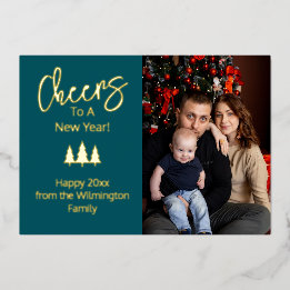 Blue Cheers to a New Year Family Photo  Foil Holiday Card