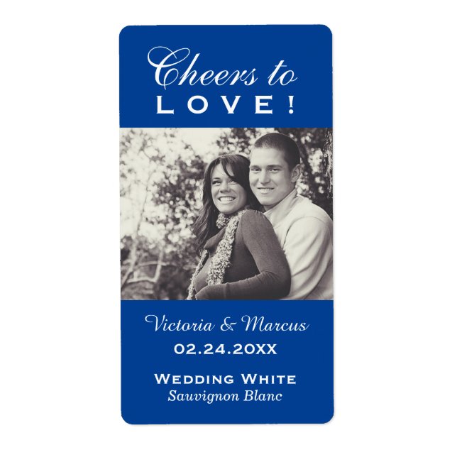 Blue Cheers to Love Wedding Photo Wine Bottle Label (Front)