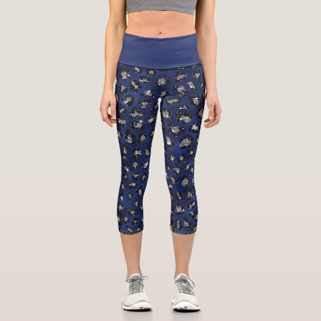 Blue Cheetah Pattern Modern Glitter Capri Leggings (Front)