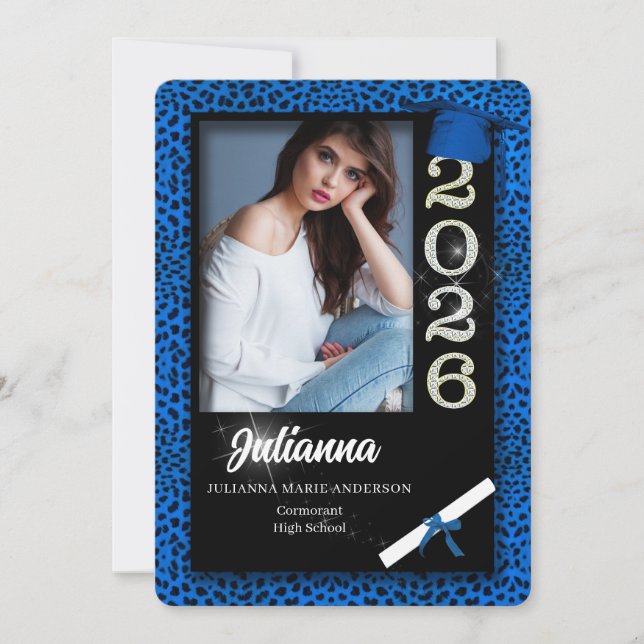 Blue Cheetah Print Class of 2026 Graduation Invitation (Front)