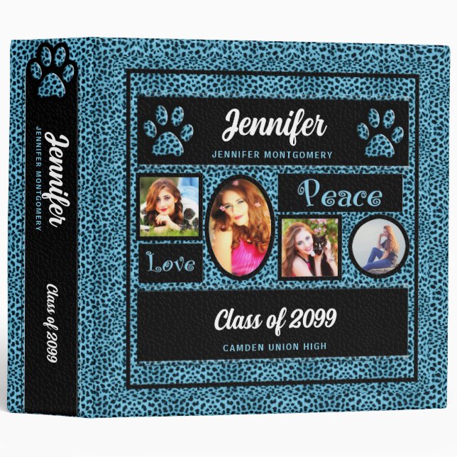 Blue Cheetah Print Photo Collage Back to School 3 Ring Binder (Front/Spine)