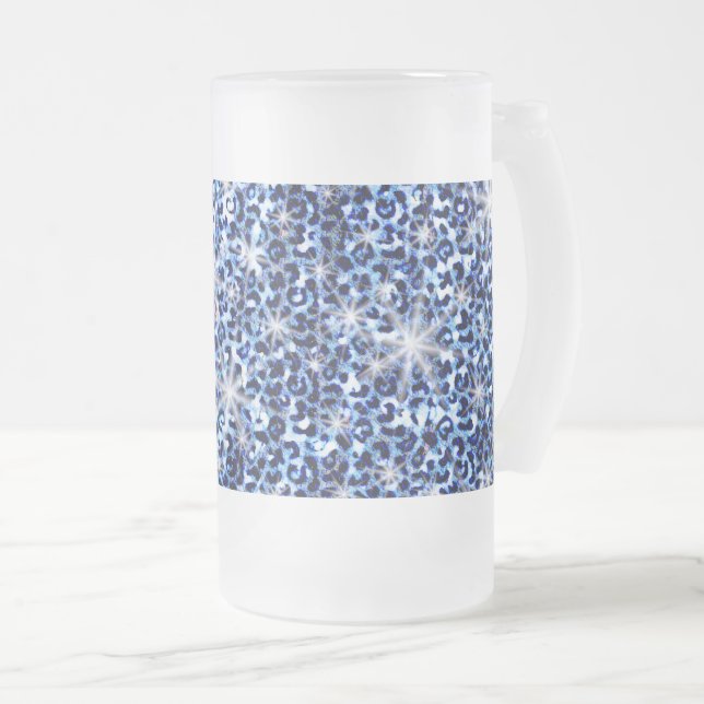 Blue Cheetah Sparkles Frosted Glass Beer Mug (Front Right)