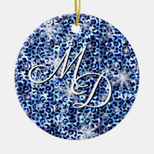 Blue Cheetah Sparkles Monogram Ceramic Ornament