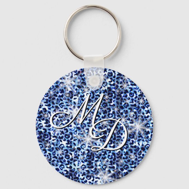 Blue Cheetah Sparkles Monogram Keychain (Front)