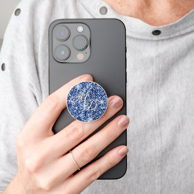 Blue Cheetah Sparkles Monogram PopSocket (Hand)