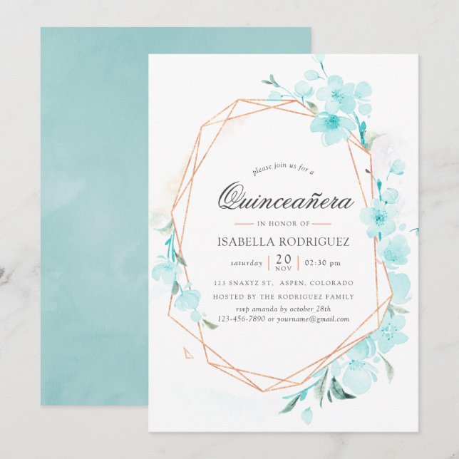 Blue Cherry Blossom Geometric Spring Quinceañera I Invitation (Front/Back)