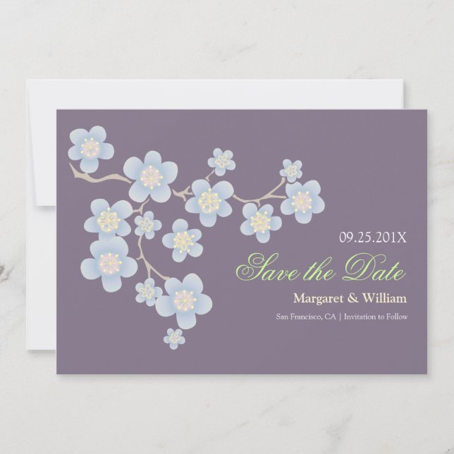Blue Cherry Blossom Save the Date: Purple Date (Front)