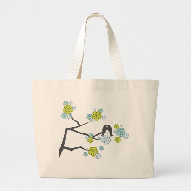 Blue Cherry Blossoms Love Birds Wedding Tote Bag (Front)