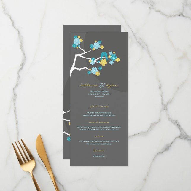 Blue Cherry Blossoms Sakura Love Birds Wedding Menu (Front/Back In Situ)