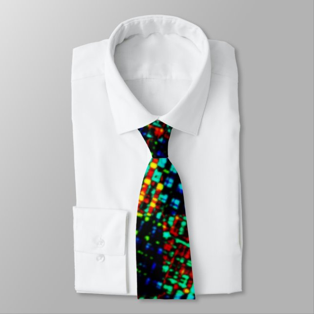 Blue chess, greenish scratch, red fake dirty stain neck tie (Tied)