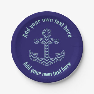 Blue Chevron Anchor Nautical Custom Text Paper Plates
