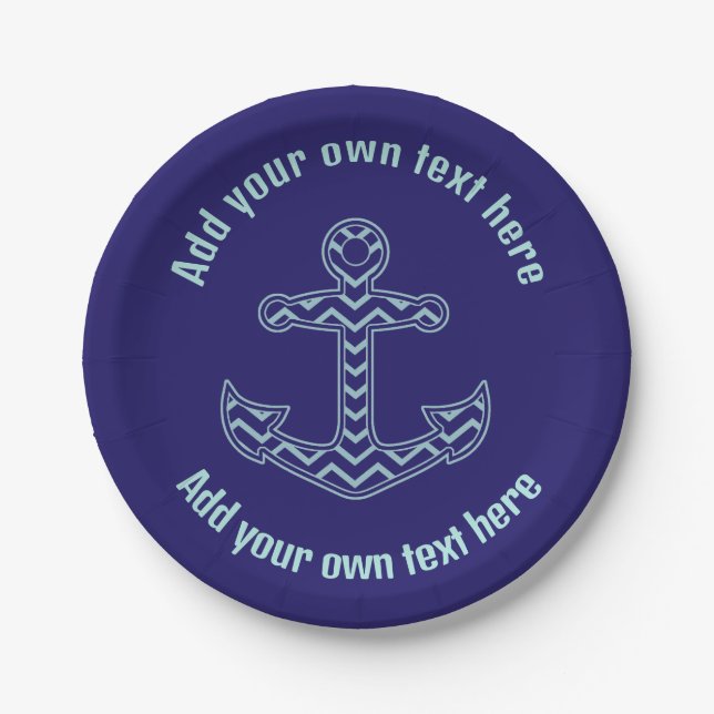 Blue Chevron Anchor Nautical Custom Text Paper Plates (Front)