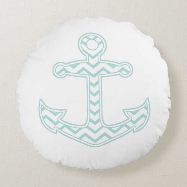 Blue Chevron Anchor Nautical Round Pillow (Front)