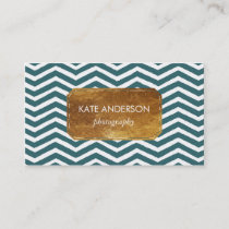 Blue Chevron and Faux Gold Foil Business Card