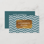Blue Chevron and Faux Gold Foil Business Card (Front/Back)