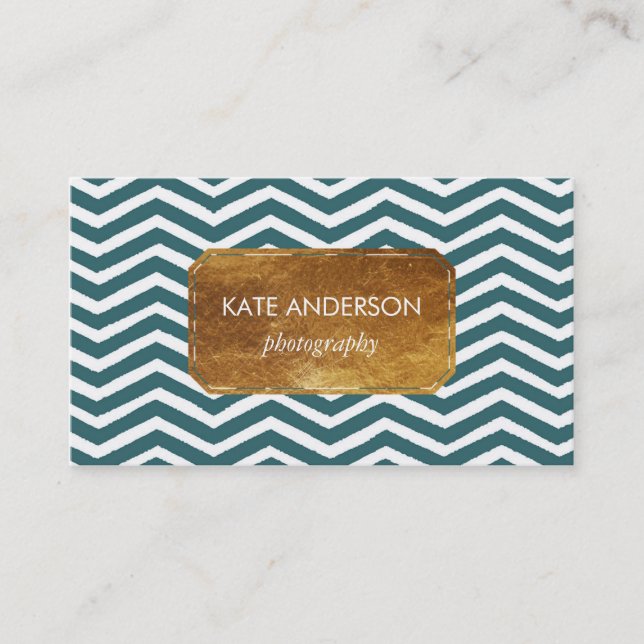 Blue Chevron and Faux Gold Foil Business Card (Front)