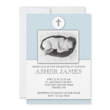 Blue Chevron Baby Baptism Christening Invitation
