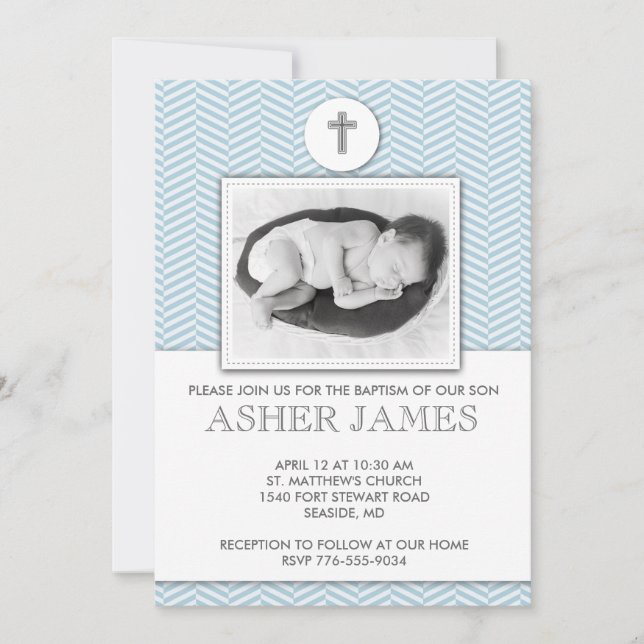 Blue Chevron Baby Baptism Christening Invitation (Front)