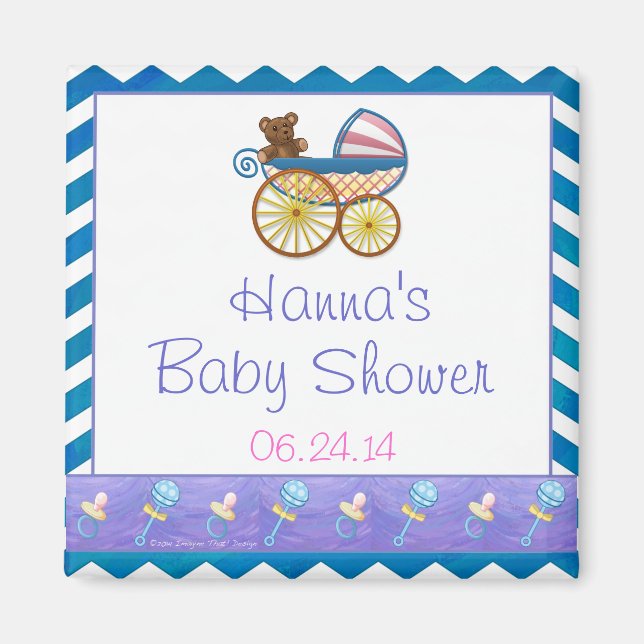 Blue Chevron Baby Pram Baby Shower Favor Magnet (Front)