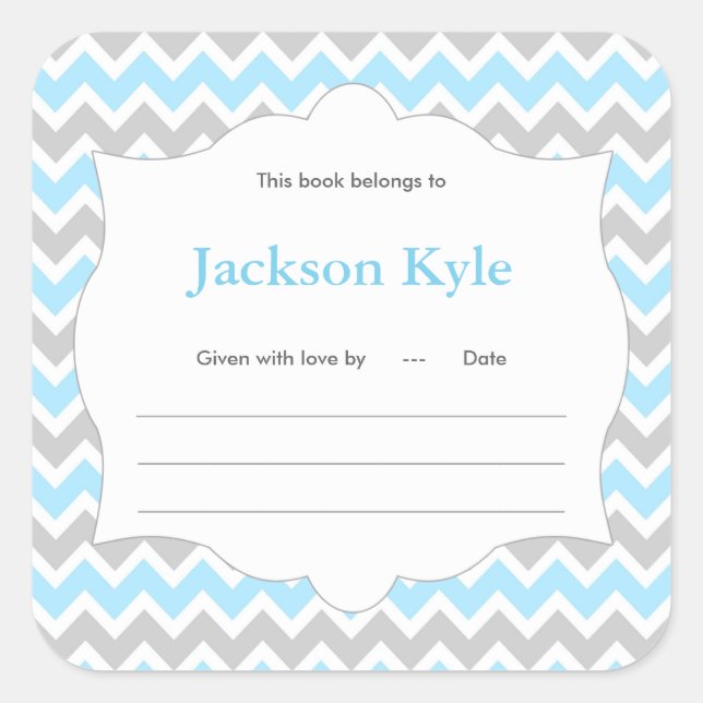 Blue Chevron Book baby shower Bookplate label (Front)