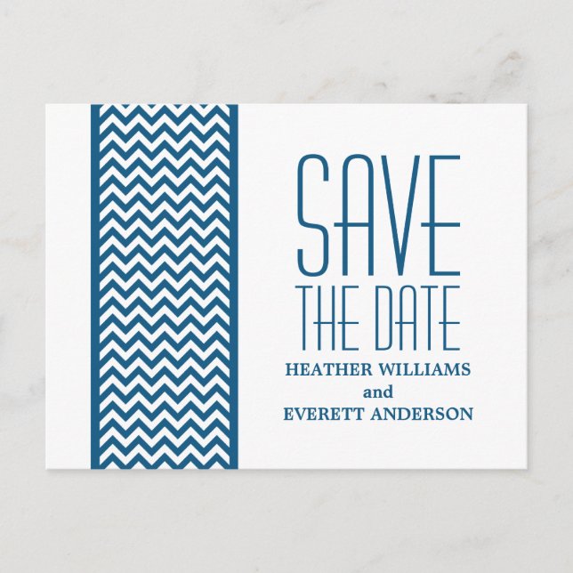 Blue Chevron Border Save the Date Postcard (Front)