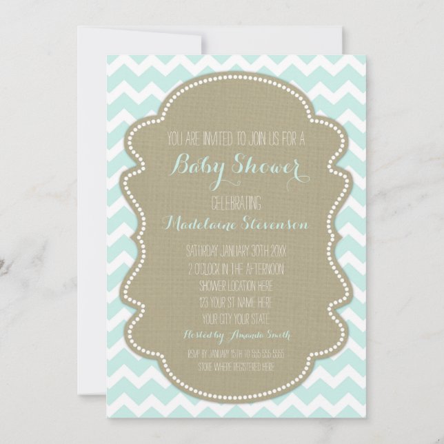 Blue Chevron Burlap Baby Shower Invitations (Back)