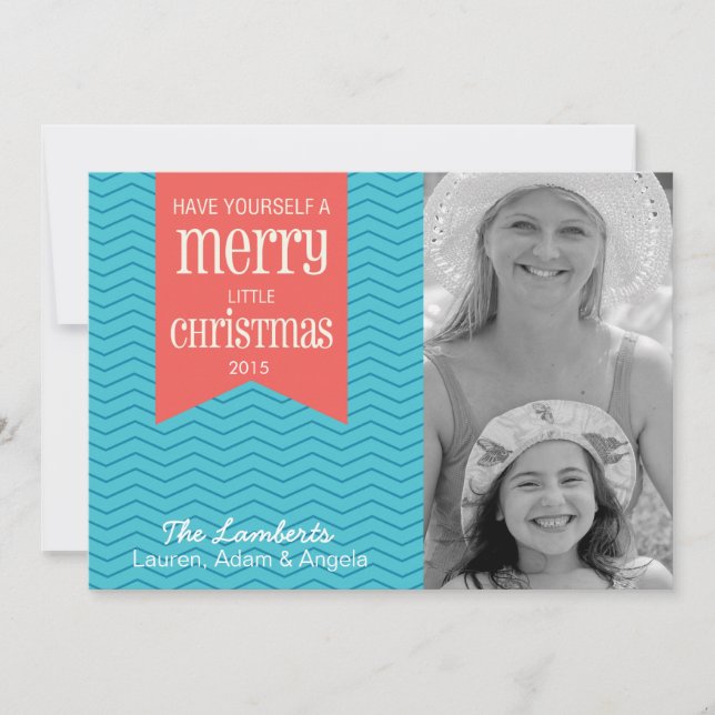 Blue Chevron christmas photo card (Front)