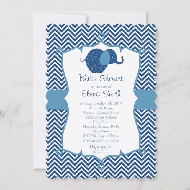 Blue Chevron Elephant Baby Shower Invitation (Front)