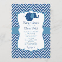 Blue Chevron Elephant Baby Shower Invitation