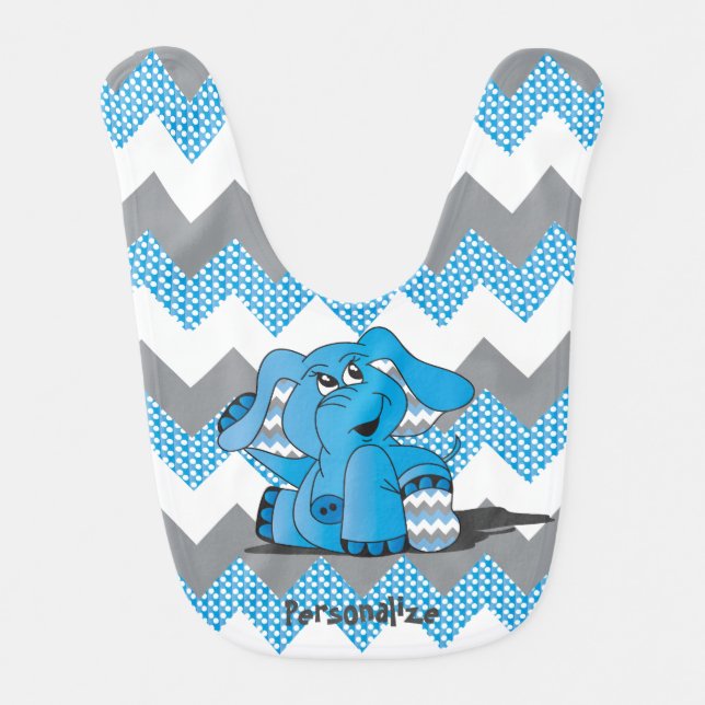Blue Chevron Funny Elephant Baby Bib (Front)